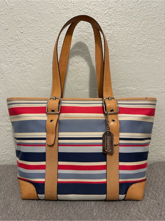 Handbags - Vintage Coach Hampton Striped Canvas & Leather Blue/Red